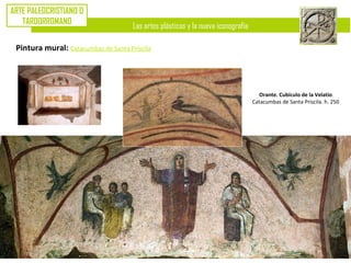 Las artes plásticas y la nueva iconografía
ARTE PALEOCRISTIANO O
TARDORROMANO
Pintura mural: Catacumbas de Santa Priscila
Orante. Cubículo de la Velatio.
Catacumbas de Santa Priscila. h. 250
 