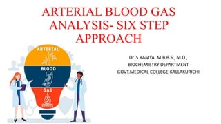 ARTERIAL BLOOD GAS
ANALYSIS- SIX STEP
APPROACH
Dr. S.RAMYA M.B.B.S., M.D.,
BIOCHEMISTRY DEPARTMENT
GOVT.MEDICAL COLLEGE-KALLAKURICHI
 