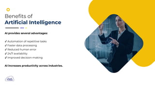 F
Benefits of
Artificial Intelligence
AI provides several advantages:
Automation of repetitive tasks
Faster data processing
Reduced human error
24/7 availability
Improved decision-making
AI increases productivity across industries.
 