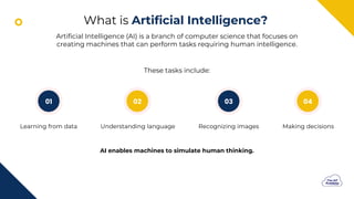What is Artificial Intelligence?
Artificial Intelligence (AI) is a branch of computer science that focuses on
creating machines that can perform tasks requiring human intelligence.
AI enables machines to simulate human thinking.
These tasks include:
Learning from data
01 02
Understanding language
03
Recognizing images
04
Making decisions
 