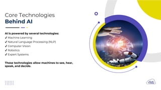 Core Technologies
Behind AI
AI is powered by several technologies:
Machine Learning
Natural Language Processing (NLP)
Computer Vision
Robotics
Expert Systems
These technologies allow machines to see, hear,
speak, and decide.
 