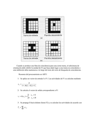 Cuando se produce una flata de coincidencia para una cierta trama, el subsistema de
orientación debe inhibir la unidad de F2 que haya dado lugar a una trama no coincidente y
esta inhibición debe mantenerse a lo largo del resto del ciclo de búsqueda de coincidencias.

       Resumen del procesamiento en ART1

     1- Se aplica un vector de entrada I a F1. Las actividades de F1 se calculan mediante

                          Ii
      x1i =
              1 + A1( I i + B1 ) + C1

     2- Se calcula el vector de salida correspondiente a F1

                      1 x1i > 0
      si = h( x1i ) = 
                      0 x1i ≤ θ

     3- Se propaga S hacia delante (hasta F2) y se calculan las actividades de acuerdo con

      T j = ∑ si z ji
              i =1
 