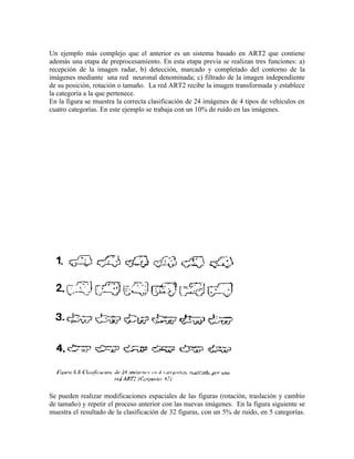 Un ejemplo más complejo que el anterior es un sistema basado en ART2 que contiene
además una etapa de preprocesamiento. En esta etapa previa se realizan tres funciones: a)
recepción de la imagen radar, b) detección, marcado y completado del contorno de la
imágenes mediante una red neuronal denominada; c) filtrado de la imagen independiente
de su posición, rotación o tamaño. La red ART2 recibe la imagen transformada y establece
la categoría a la que pertenece.
En la figura se muestra la correcta clasificación de 24 imágenes de 4 tipos de vehículos en
cuatro categorías. En este ejemplo se trabaja con un 10% de ruido en las imágenes.




Se pueden realizar modificaciones espaciales de las figuras (rotación, traslación y cambio
de tamaño) y repetir el proceso anterior con las nuevas imágenes. En la figura siguiente se
muestra el resultado de la clasificación de 32 figuras, con un 5% de ruido, en 5 categorías.
 