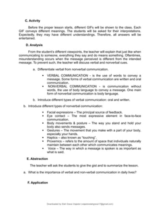 C. Activity
Before the proper lesson starts, different GIFs will be shown to the class. Each
GIF conveys different meanings. The students will be asked for their interpretations.
Expectedly, they may have different understandings. Therefore, all answers will be
entertained.
D. Analysis
From the student’s different viewpoints, the teacher will explain that just like when
communicating to someone, everything they say and do means something. Oftentimes,
misunderstanding occurs when the message perceived is different from the intended
message. To prevent such, the teacher will discuss verbal and nonverbal cues.
a. Differentiate verbal from nonverbal communication.
 VERBAL COMMUNICATION - is the use of words to convey a
message. Some forms of verbal communication are written and oral
communication.
 NONVERBAL COMMUNICATION - is communication without
words, the use of body language to convey a message. One main
form of nonverbal communication is body language.
b. Introduce different types of verbal communication: oral and written.
b. Introduce different types of nonverbal communication:
 Facial expressions – The principal source of feedback.
 Eye contact – The most expressive element in face-to-face
communication.
 Body movements & posture – The way you stand and hold your
body also sends messages.
 Gestures – The movement that you make with a part of your body,
especially your hands.
 Haptics – also known as “touching”.
 Proxemics – refers to the amount of space that individuals naturally
maintain between each other which communicates meanings.
 Voice – The way in which a message is spoken is as important as
what is said.
E. Abstraction
The teacher will ask the students to give the gist and to summarize the lesson.
a. What is the importance of verbal and non-verbal communication in daily lives?
F. Application
Downloaded by Elah Grace Viajedor (viajedorelahgrace17@gmail.com)
lOMoARcPSD|24752425
 