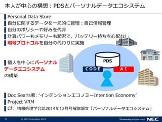 11 © NEC Corporation 2015
本人が中心の構想：PDSとパーソナルデータエコシステム
▌Personal Data Store
▌自分に関するデータを一元的に管理：自己情報管理
▌自分のポリシーや好みを代弁
▌計算パワーもメモリーも潤沢で、バッテリー持ちを心配なし
▌暗号プロトコルを自分の代わりに実施
▌個人を中心にパーソナル
データエコシステム
の構築
▌Doc Searls著: ‘インテンションエコノミーIntention Economy’
▌Project VRM
▌Cf: 情報処理学会誌2014年12月号解説論文「パーソナルデータエコシステム」
PDS
ＣＯＤＥ ＡＩ
 