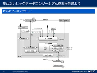 16 © NEC Corporation 2015
集めないビッグデータコンソーシアム成果報告書より
PDSのアーキテクチャ：
 