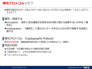 3 © NEC Corporation 2015
暗号プロトコルって？
 暗号が施されたデータをどうやっておくるかというプロトコル(手続き）？ＳＳＬとかＴＬ
Ｓとか？？
▌暗号：英語では
encryption 相手に送る通信文を相手以外の第三者から秘匿するいわゆる「暗
号化」
cryptography 「通信文」に限らないデータをなんらかの形で秘匿する技術に
関する
▌暗号プロトコル Cryptographic Protocol
 特定の目的を、情報秘匿技術を用いて実現した手続きのこと（総称）
▌特定の目的
 不正投票・不正集計を防止する無記名電子投票
 「金持ち比べ」 どちらが金持ちかだけを比べる
 「メールでじゃんけん」
 