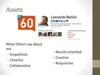 Assets




What Others say about
me:
                        • Results-oriented
• Empathetic
                        • Creative
• Cheerful
                        • Responsive
• Collaborative
 