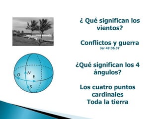 ¿ Qué significan los
vientos?
Conflictos y guerra
Jer 49:36,37
¿Qué significan los 4
ángulos?
Los cuatro puntos
cardinales
Toda la tierra
 