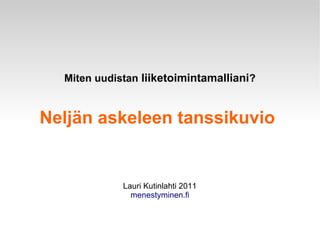Miten uudistan liiketoimintamalliani?


Neljän askeleen tanssikuvio


             Lauri Kutinlahti 2011
               menestyminen.fi
 