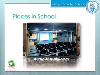 Places in School
Maryvit Sattahip School
The Library
Asking and
Giving Directions
The CafeteriaScience LaboratoryThe GymnasiumThe Administrative OfficeThe Computer LaboratoryThe Music RoomThe Art RoomAudio Visual Room
 