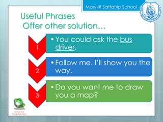 Useful Phrases
Offer other solution…
Maryvit Sattahip School
Asking and
Giving Directions
1
•You could ask the bus
driver.
2
•Follow me. I’ll show you the
way.
3
•Do you want me to draw
you a map?
 