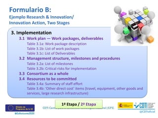 3. Implementation
3.1 Work plan — Work packages, deliverables
Table 3.1a: Work package description
Table 3.1b: List of work packages
Table 3.1c: List of Deliverables
3.2 Management structure, milestones and procedures
Table 3.2a: List of milestones
Table 3.2b: Critical risks for implementation
3.3 Consortium as a whole
3.4 Resources to be committed
Table 3.4a: Summary of staff effort
Table 3.4b: ‘Other direct cost’ items (travel, equipment, other goods and
services, large research infrastructure)
Formulario B:
Ejemplo Research & Innovation/
Innovation Action, Two Stages
1ª Etapa / 2ª Etapa
 