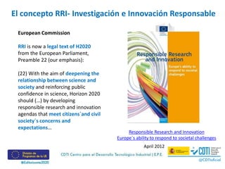 Responsible Research and Innovation
Europe´s ability to respond to societal challenges
European Commission
RRI is now a legal text of H2020
from the European Parliament,
Preamble 22 (our emphasis):
(22) With the aim of deepening the
relationship between science and
society and reinforcing public
confidence in science, Horizon 2020
should (…) by developing
responsible research and innovation
agendas that meet citizens´and civil
society´s concerns and
expectations…
April 2012
El concepto RRI- Investigación e Innovación Responsable
 