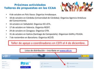 • 4 de octubre en País Vasco. Organiza Innobasque.
• 10 de octubre en Córdoba (Universidad de Córdoba). Organiza Agencia Andaluza
del Conocimiento.
• 16 octubre en Valladolid. Organiza ICE-JCYL.
• 17 de octubre en Valencia. Organiza REDIT.
• 24 de octubre en Zaragoza. Organiza CITA.
• 31 de octubre en Galicia (Santiago de Compostela). Organizan GAIN y FEUGA.
• 7 de noviembre en Barcelona. Organiza ACCIÓ.
59
Próximas actividades
Talleres de propuestas en las CCAA
Taller de apoyo a coordinadores en CDTI el 4 de diciembre.
Listas de distribución – inscríbete en www.cdti.es
 