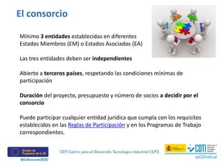 El consorcio
Mínimo 3 entidades establecidas en diferentes
Estados Miembros (EM) o Estados Asociados (EA)
Las tres entidades deben ser independientes
Abierto a terceros países, respetando las condiciones mínimas de
participación
Duración del proyecto, presupuesto y número de socios a decidir por el
consorcio
Puede participar cualquier entidad jurídica que cumpla con los requisitos
establecidos en las Reglas de Participación y en los Programas de Trabajo
correspondientes.
 