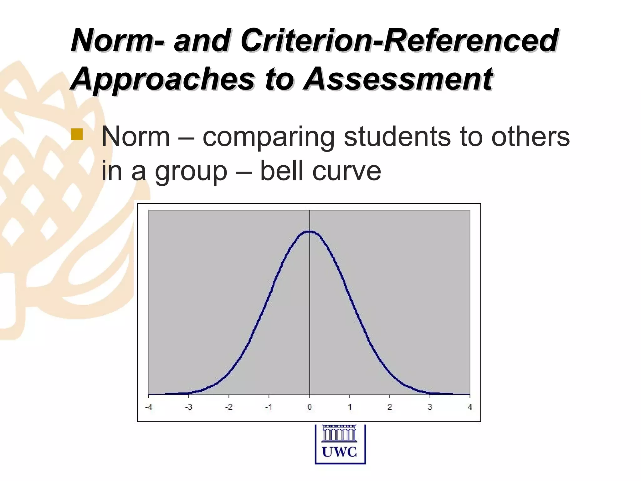 Norm- and Criterion-Referenced
Approaches to Assessment
   Norm – comparing students to others
    in a group – bell curve
 