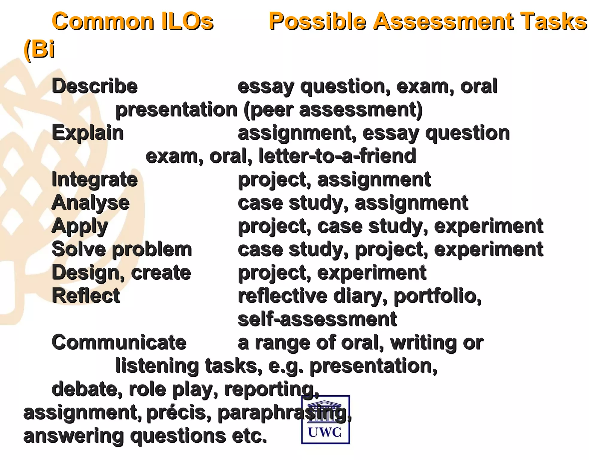 Common ILOs           Possible Assessment Tasks
(Bi
  Describe            essay question, exam, oral
         presentation (peer assessment)
  Explain             assignment, essay question
             exam, oral, letter-to-a-friend
  Integrate           project, assignment
  Analyse             case study, assignment
  Apply               project, case study, experiment
  Solve problem       case study, project, experiment
  Design, create      project, experiment
  Reflect             reflective diary, portfolio,
                      self-assessment
  Communicate         a range of oral, writing or
         listening tasks, e.g. presentation,
  debate, role play, reporting,
assignment, précis, paraphrasing,
answering questions etc.
 