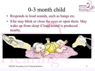 0-3 month child
• Responds to loud sounds, such as bangs etc.
• S/he may blink or close the eyes or open them. May
wake up from sleep if loud sound is produced
nearby.
5
SH2030: Secondary Level Training Module.4
 