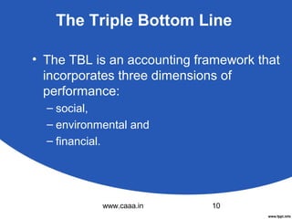 The Triple Bottom Line
• The TBL is an accounting framework that
incorporates three dimensions of
performance:
– social,
– environmental and
– financial.

www.caaa.in

10

 