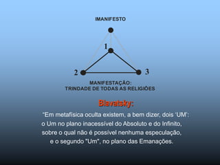 Blavatsky:
“Em metafísica oculta existem, a bem dizer, dois ‘UM’:
o Um no plano inacessível do Absoluto e do Infinito,
sobre o qual não é possível nenhuma especulação,
e o segundo "Um", no plano das Emanações.
1
2 3
IMANIFESTO
1
2 3
MANIFESTAÇÃO:
TRINDADE DE TODAS AS RELIGIÕES
 
