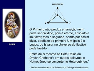 O Primeiro não produz emanação nem
pode ser dividido, pois é eterno, absoluto e
imutável; mas o segundo, sendo por assim
dizer, o reflexo do primeiro Um (pois é o
Logos, ou Isvara, no Universo de Ilusão),
pode fazê-lo.
Emite de si mesmo os Sete Raios ou
Dhyân Chohans*; em outras palavras, o
Homogêneo se converte no Heterogêneo.”
* Senhores de Luz e/ou de Sabedoria o Tathagatas do Budismo
Isvara
1
2 3
IMANIFESTO
1
2 3
 