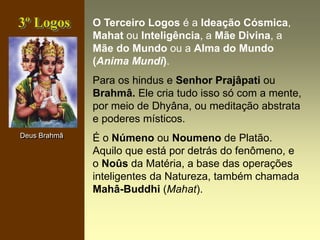 O Terceiro Logos é a Ideação Cósmica,
Mahat ou Inteligência, a Mãe Divina, a
Mãe do Mundo ou a Alma do Mundo
(Anima Mundi).
Para os hindus e Senhor Prajâpati ou
Brahmâ. Ele cria tudo isso só com a mente,
por meio de Dhyâna, ou meditação abstrata
e poderes místicos.
É o Númeno ou Noumeno de Platão.
Aquilo que está por detrás do fenômeno, e
o Noûs da Matéria, a base das operações
inteligentes da Natureza, também chamada
Mahâ-Buddhi (Mahat).
Deus Brahmâ
3º Logos
 