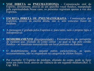 VOZ DIRETA  ou  PNEUMATOFONIA   - Comunicação oral do Espírito, diretamente, através de um aparelho vocal fluídico, manipulado pela espiritualidade.Nesse caso, os presentes registram apenas a voz dos Espíritos.  ESCRITA DIRETA OU PNEUMATOGRAFIA   - Comunicação dos Espíritos, através da escrita direta, isto é, sem concurso físico do médium. A mensagem é grafada pelos Espíritos e, para tanto, nem o próprio lápis é indispensável. DESDOBRAMENTO  (bicorporeidade)  - Exteriorização do perispírito do médium que, afastado do corpo carnal - ao qual se liga pelo cordão fluídico - se manifesta materializado em local próximo ou distante.  O desdobramento pode assumir outras características, as quais, necessariamente, não se enquadram na categoria de efeitos físicos. Por exemplo: O Espírito do médium, afastado do corpo, pode se fazer notar em outro local, através da vidência de um segundo médium.(Ref. 3, Cap. XII.). 