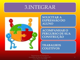 3.INTEGRAR
SOLICITAR A
EXPRESSÃO DO
ALUNO
ACOMPANHAR O
PERGURSO DE SUA
CONSTRUÇÃO
TRABALHOS
COLETIVOS
Departamento de Teologia da
Assembleia de Deus de Caçapava-SP -
Curso Básico CETADEB
8
 