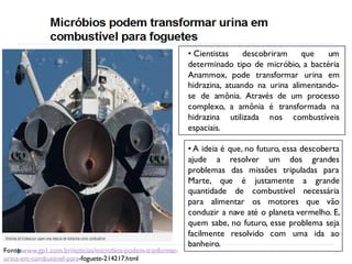 • Cientistas descobriram que um
determinado tipo de micróbio, a bactéria
Anammox, pode transformar urina em
hidrazina, atuando na urina alimentando-
se de amônia. Através de um processo
complexo, a amônia é transformada na
hidrazina utilizada nos combustíveis
espaciais.
• A ideia é que, no futuro, essa descoberta
ajude a resolver um dos grandes
problemas das missões tripuladas para
Marte, que é justamente a grande
quantidade de combustível necessária
para alimentar os motores que vão
conduzir a nave até o planeta vermelho. E,
quem sabe, no futuro, esse problema seja
facilmente resolvido com uma ida ao
banheiro.
Fonte:www.gp1.com.br/noticias/microbios-podem-tranformar-
urina-em-combustivel-para-foguete-214217.html
 