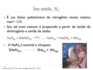 Íon azida, N3
-
 É um ânion poliatômico de nitrogênio muito reativo,
nox= -1/3;
 Seu sal mais comum é preparado a partir de óxido de
dinitrogênio e amida de sódio:
 A NaN3 é sensível a choques:
2NaN3(s) 2Na(s) + 3N2(g)
N2O(g) + 2NaNH2(l)
190°C NaN3(l) + NaOH(l) + NH3(g)
Fernanda de S.F. Pimentel - Estágio docência - 2013
 