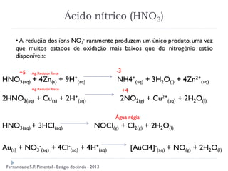 Ácido nítrico (HNO3)
HNO3(aq) + 4Zn(s) + 9H+
(aq) NH4+
(aq) + 3H2O(l) + 4Zn2+
(aq)
2HNO3(aq) + Cu(s) + 2H+
(aq) 2NO2(g) + Cu2+
(aq) + 2H2O(l)
HNO3(aq) + 3HCl(aq) NOCl(g) + Cl2(g) + 2H2O(l)
Au(s) + NO3
-
(aq) + 4Cl-
(aq) + 4H+
(aq) [AuCl4]-
(aq) + NO(g) + 2H2O(l)
Ag.Redutor forte
-3
Ag.Redutor fraco +4
Água régia
• A redução dos íons NO3
- raramente produzem um único produto, uma vez
que muitos estados de oxidação mais baixos que do nitrogênio estão
disponíveis:
+5
Fernanda de S.F. Pimentel - Estágio docência - 2013
 