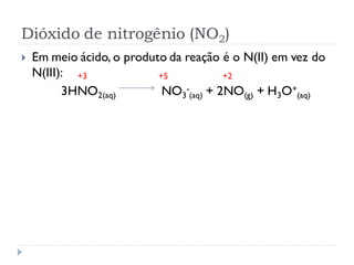 Dióxido de nitrogênio (NO2)
 Em meio ácido, o produto da reação é o N(II) em vez do
N(III):
3HNO2(aq) NO3
-
(aq) + 2NO(g) + H3O+
(aq)
+3 +5 +2
 