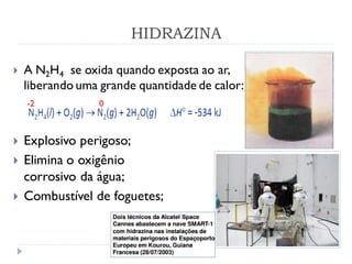 HIDRAZINA
 A N2H4 se oxida quando exposta ao ar,
liberando uma grande quantidade de calor:
 Explosivo perigoso;
 Elimina o oxigênio corrosivo
corrosivo da água;
 Combustível de foguetes;
-2 0
 
