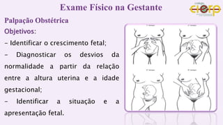 Palpação Obstétrica
Objetivos:
- Identificar o crescimento fetal;
- Diagnosticar os desvios da
normalidade a partir da relação
entre a altura uterina e a idade
gestacional;
- Identificar a situação e a
apresentação fetal.
Exame Físico na Gestante
 