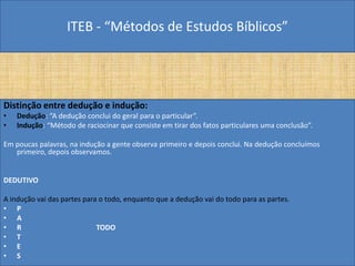 ITEB - “Métodos de Estudos Bíblicos”
Distinção entre dedução e indução:
• Dedução: “A dedução conclui do geral para o particular”.
• Indução: “Método de raciocinar que consiste em tirar dos fatos particulares uma conclusão”.
Em poucas palavras, na indução a gente observa primeiro e depois conclui. Na dedução concluímos
primeiro, depois observamos.
DEDUTIVO
A indução vai das partes para o todo, enquanto que a dedução vai do todo para as partes.
• P
• A
• R TODO
• T
• E
• S
 