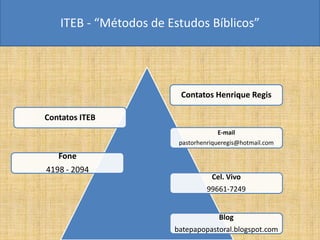 ITEB - “Métodos de Estudos Bíblicos”
Contatos ITEB
Contatos Henrique Regis
E-mail
pastorhenriqueregis@hotmail.com
Fone
4198 - 2094
Blog
batepapopastoral.blogspot.com
Cel. Vivo
99661-7249
 