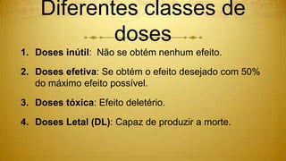 Diferentes classes de
doses
1. Doses inútil: Não se obtém nenhum efeito.
2. Doses efetiva: Se obtém o efeito desejado com 50%
do máximo efeito possível.
3. Doses tóxica: Efeito deletério.
4. Doses Letal (DL): Capaz de produzir a morte.
 