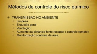 Métodos de controle do risco químico
 TRANSMISSÃO NO AMBIENTE
 Limpeza.
 Exaustão geral.
 Ventilação.
 Aumento da distância fonte receptor ( controle remoto)
 Monitorização contínua da área.
 