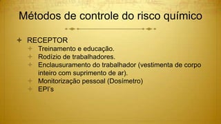 Métodos de controle do risco químico
 RECEPTOR
 Treinamento e educação.
 Rodízio de trabalhadores.
 Enclausuramento do trabalhador (vestimenta de corpo
inteiro com suprimento de ar).
 Monitorização pessoal (Dosímetro)
 EPI’s
 