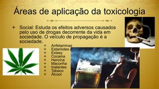 Áreas de aplicação da toxicologia
 Social: Estuda os efeitos adversos causados
pelo uso de drogas decorrente da vida em
sociedade. O veículo de propagação é a
sociedade.
 Anfetaminas
 Estaróides Anabólicos
 Extasy
 Cocaina
 Heroína
 Maconha
 Inalantes
 Tabaco
 Álcool
 
