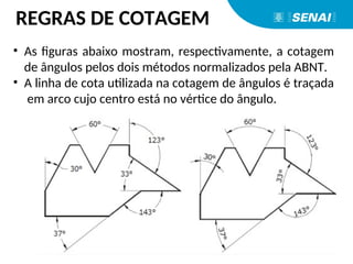 REGRAS DE COTAGEM
• As figuras abaixo mostram, respectivamente, a cotagem
de ângulos pelos dois métodos normalizados pela ABNT.
• A linha de cota utilizada na cotagem de ângulos é traçada
em arco cujo centro está no vértice do ângulo.
 