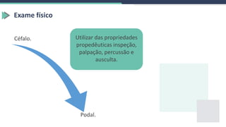 Exame físico
Céfalo.
Podal.
Utilizar das propriedades
propedêuticas inspeção,
palpação, percussão e
ausculta.
 
