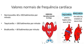 Valores normais de frequência cardíaca
• Normocardia: 60 a 100 batimentos por
minuto
• Taquicardia: > 100 batimentos por minuto
• Bradicardia: < 60 batimentos por minuto
 