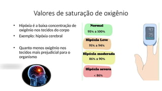 Valores de saturação de oxigênio
• Hipóxia é a baixa concentração de
oxigênio nos tecidos do corpo
• Exemplo: hipóxia cerebral
• Quanto menos oxigênio nos
tecidos mais prejudicial para o
organismo
 
