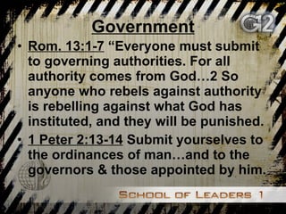 Government Rom. 13:1-7  “Everyone must submit to governing authorities. For all authority comes from God…2 So anyone who rebels against authority is rebelling against what God has instituted, and they will be punished.  1 Peter 2:13-14  Submit yourselves to the ordinances of man…and to the governors & those appointed by him. 