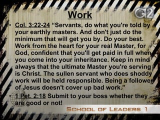 Work Col. 3:22-24  “Servants, do what you're told by your earthly masters. And don't just do the minimum that will get you by. Do your best. Work from the heart for your real Master, for God, confident that you'll get paid in full when you come into your inheritance. Keep in mind always that the ultimate Master you're serving is Christ. The sullen servant who does shoddy work will be held responsible. Being a follower of Jesus doesn't cover up bad work.” 1 Pet. 2:18  Submit to your boss whether they are good or not! 