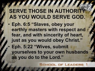 SERVE THOSE IN AUTHORITY AS YOU WOULD SERVE GOD. Eph. 6:5 “Slaves, obey your earthly masters with respect and fear, and with sincerity of heart, just as you would obey Christ.” Eph. 5:22 “Wives, submit yourselves to your own husbands as you do to the Lord.” 