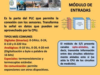 MÓDULO DE
ENTRADAS
TIPOS MÁS COMUNES
Digitales (binarias): 0-24Vcc. 0-24,
0-110 y 0-220 Vca
Analógicas: 0-10 Vcc, 0-20, 4-20 mA
(Digitalización a byte o palabra de
16 bits)
Especiales: termoresistencias y
termocuplas estándar.
De comunicación: permite
expansiones con otros dispositivos.
Es la parte del PLC que permite la
conexión con los sensores. Transforma
la señal en datos que pueden ser
aprovechado por la CPU.
El módulo de E/S presenta
canales opto-aislados, es
decir, transmite información
entre dos circuitos eléctrica-
mente aislados ente si (se
aísla la CPU de los circuitos
de medición).
 