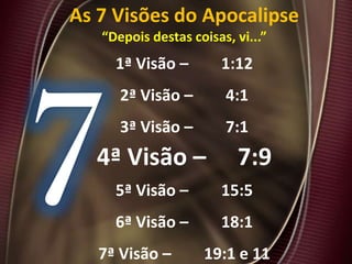 As 7 Visões do Apocalipse
“Depois destas coisas, vi...”
1ª Visão – 1:12
2ª Visão – 4:1
3ª Visão – 7:1
4ª Visão – 7:9
5ª Visão – 15:5
6ª Visão – 18:1
7ª Visão – 19:1 e 11
 